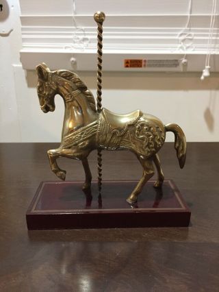 Vintage Brass Carousel Horse On Wooden Stand