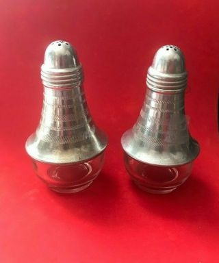Vintage Mcm Atomic Aluminum Top Glass Bottom Salt And Pepper Shakers