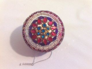 Vintage Handmade Christmas Ornament Red Blue Beads Sequin Mirrors Chains W/Box 3