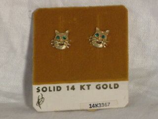 Cat Kitty Kitten Earrings Solid 14 Kt Gold Green Eyes Vintage On Card