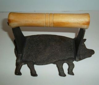 Vintage Cast Iron Bacon Press Weight With Wood Wooden Handle Pig Figure Shaped