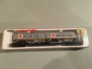 Vintage Arnold Rapido N Scale Gttx 104 Flat Car With 2 Illinois Central Trailers