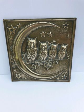 Antique 1920 Arts And Crafts Owls In Moonlight Brass Plaque 16x16cm