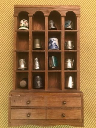 Vintage Wooden Display Case Removable Drawers & 14 Thimbles Removable Drawers