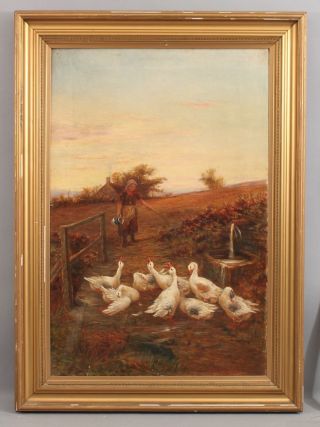 19thc Antique William Henderson English Farm Country Geese O/c Oil Painting