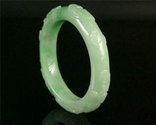 Fine Chinese Jadeite Emerald Jade Bangle Bracelet Fish & Ruyi Carved On Surface