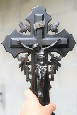 ⭐ Antique French Crucifix 15.  1/2 " Inch,  Carved Wood Cross,  Holy Water Font,  19th C