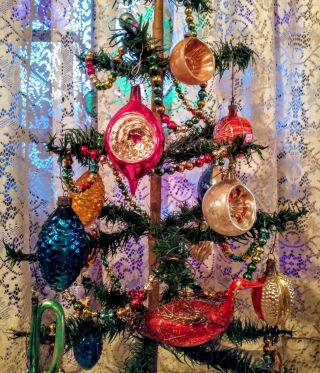 Antique German Christmas Feather Tree 20 Ornaments Glass Beading 26 