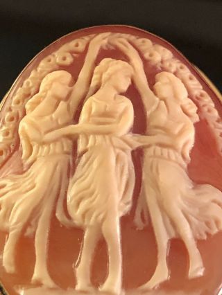 Estate Fine Larg Antique Shell Cameo Brooch Pendant Of Three Graces In 14k Gold