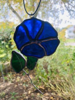 Vintage Leaded Tiffany Stained Glass Sun Catcher Blue Flower Window Hanging