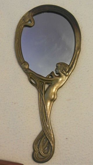 Vintage Art Deco Naked Lady Brass Hand Mirror