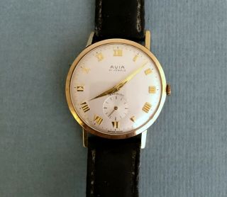 1950s 1960s Vintage 9ct Gold Avia Gents Watch 21 Jewels Mens Wristwatch Wind Up