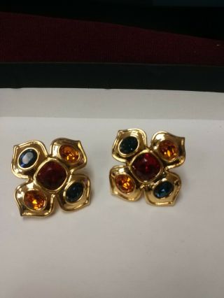 Vintage Napier Earrings Gold Tone Multi Color Clip On Earrings
