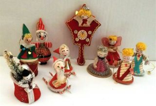 10 Vintage Christmas Ornaments,  Spun Cotton,  Cardboard,  Chenille,  Etc. ,  2 " - 5 "