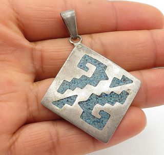 Mexico 925 Silver - Vintage Crushed Turquoise Inlay Patterned Pendant - P9163