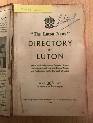 Vintage Hardback Book - The Luton News - Directory Of Luton,  Bedfordshire - 1954