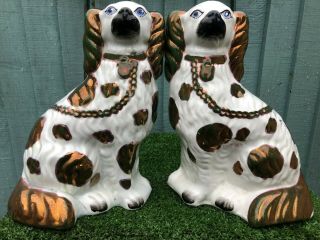 Pair: Mid 19thc Staffordshire Copper Lustre & White Spaniel Dogs C1860s