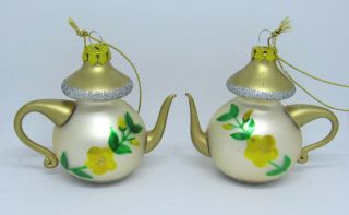 Set Of 2 Vintage 1950s 60s Glass Floral Teapot Christmas Tree Ornaments 3 " Wide