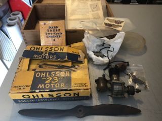 Vintage 2 Cycle Model Airplane Gasoline Engine Ohlsson 23 And Parts Propeller