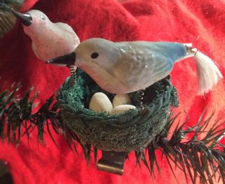 Antique German Blown Glass Ornament Birds,  Eggs In Loofah Nest On Clip