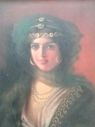 Antique Painting Oil On Board Signed Portrait Of Woman Military Gypsy Arabic ?