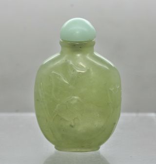 Stunning Antique Chinese Carved Green Jade Stone Snuff Bottle With Relief Motif