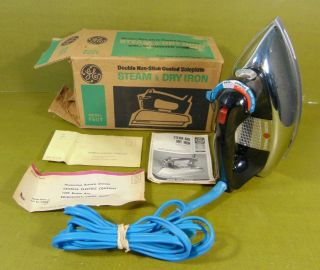 Vintage Ge Steam & Dry Iron Model F60t Blue / Chrome Electric 1950 
