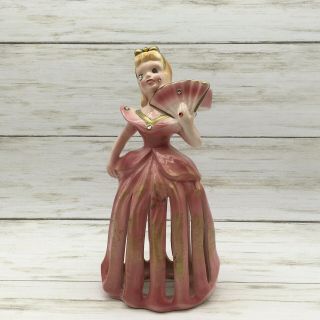 Vintage Kreiss Ceramic Pink Lady Napkin & Candle Holder Figurine
