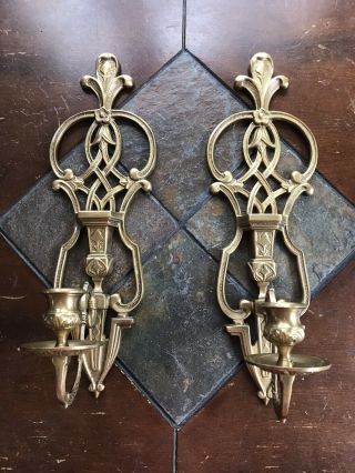 Pair 2 Vintage Ornate Rococo Brass Metal Wall Candle Holders Sconces Art Deco