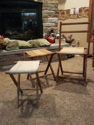 Vintage Canvas Wood Camping Chair And 2 Folding Stools