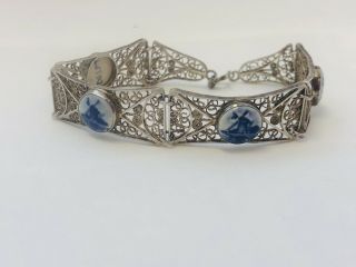 Vintage Holland Silver 835 Marked Delft Blue White Filigree Panel Bracelet