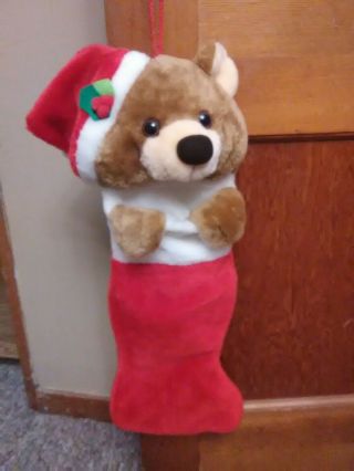 Vintage Christmas Teddy Bear Plush Stocking Large