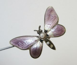Antique Hatpin Delicate Lavender Guilloche Enamel Butterfly Nodder Trembler