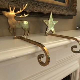 2 Vtg Stocking Hangers/holder Solid Brass/long Arm Reindeer/star Christmas India