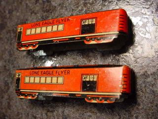 Vintage Tin Cracker Jack Set Of 2 Lone Eagle Flyer Passenger Train Cars