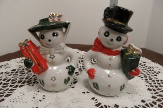 Vintage Snowman And Snow Woman Salt And Pepper Shakers Christmas