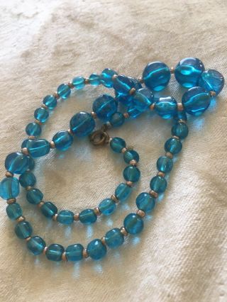 Sweet Vintage C 1940s 50s Deco Turquoise Blue Silver Glass Beaded Necklace