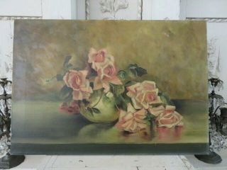 Gorgeous Old Antique Rose Oil Painting Vase Of Pink Roses On Canvas
