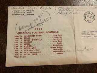 1964 Arkansas Razorbacks Football Schedule Envelope From U of A Athletic Dept 2