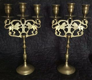 Vintage Solid Brass 3 Arm Candelabra Candle Holders With Etched Lions