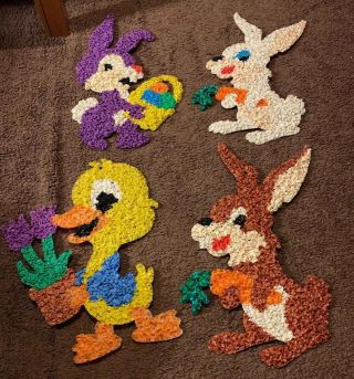 4 Vtg Melted Plastic Popcorn Decorations Easter Spring Duck Bunny Rabbit Usa