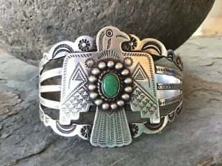 Antique Native Navajo Coin Silver Cuff Bracelet Thunderbird Cuff Turquoise