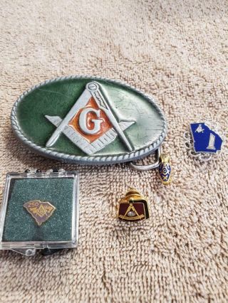 Vintage Masonic Belt Buckle And 3 Lapel Pins