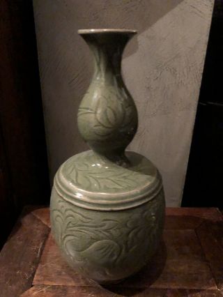 Chinese Porcelain Song Style Peony Vase Celadon Olive Green Glaze Flower