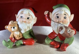 Vintage Homco Ceramic/porcelain Christmas Elf Figurines Football And Teddy Bear