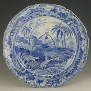 Antique Pottery Pearlware Blue Transfer Spode Indian Sporting Wolf Plate 1810