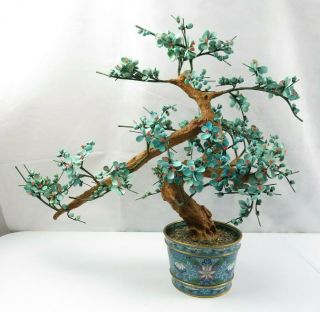 Important 24 " Tall Chinese Bonsai Tree Of Life Turquoise W Cloisonne Vase Pot