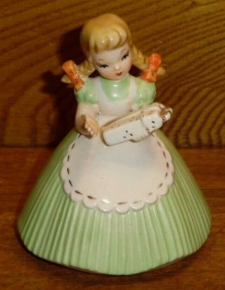 Vintage Ceramic Girl In Green Dress Holding A Present Figurine - Japan - 3 3/4 "