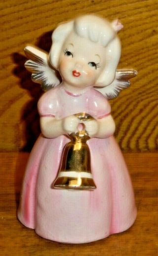 Vintage Ceramic Angel Holding Gold Bell Figurine - Japan - 4 1/4 "