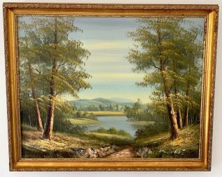 Vtg Lake Mountain Landscape Oil Painting In Gilded Wood Frame,  Signed Benedict